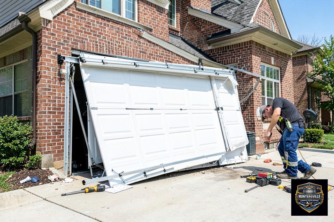 Technician inspecting a crashed garage door damaged by impact in Huntersville, NC
