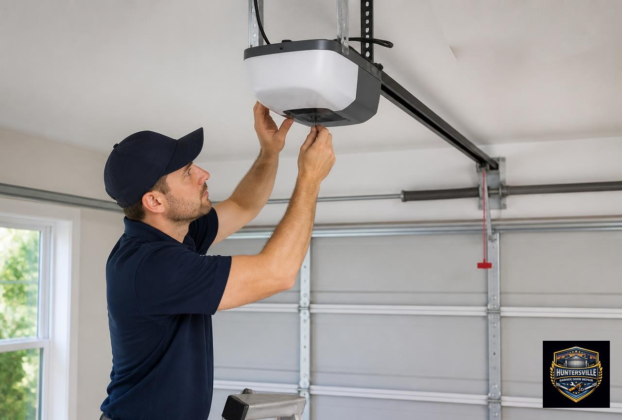 Technician installing a garage door opener in a Huntersville, NC home