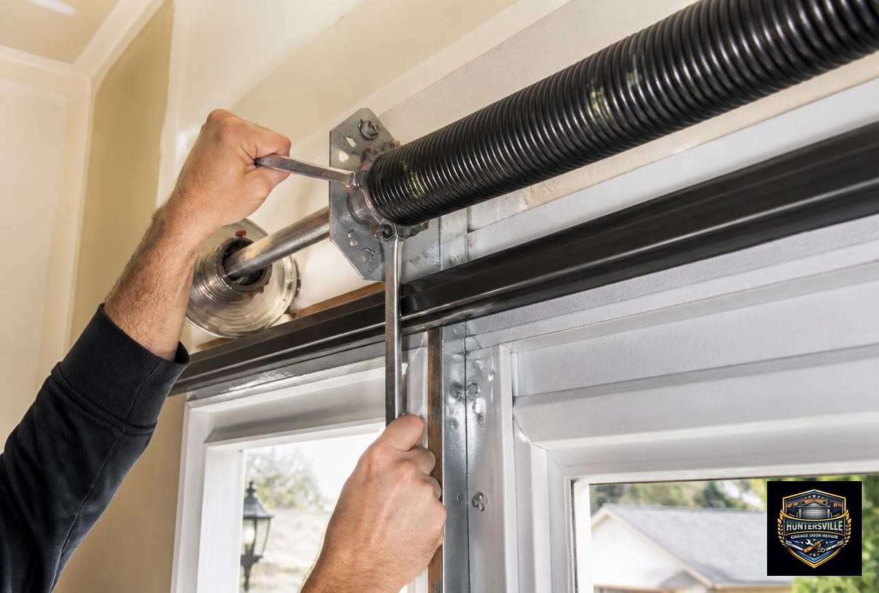 Technician performing garage door spring repair on a torsion spring in Huntersville, NC