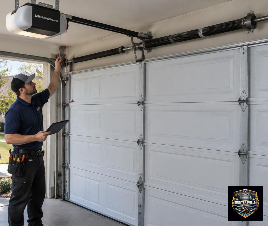 Technician diagnosing a garage door that won’t open in Huntersville, NC