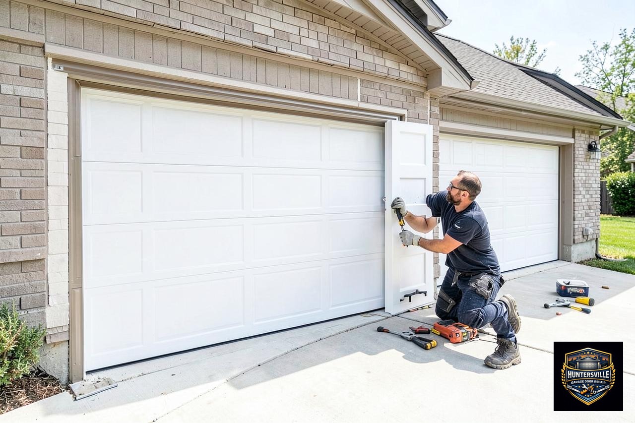 Technician replacing a damaged garage door panel on a residential home in Huntersville, NC